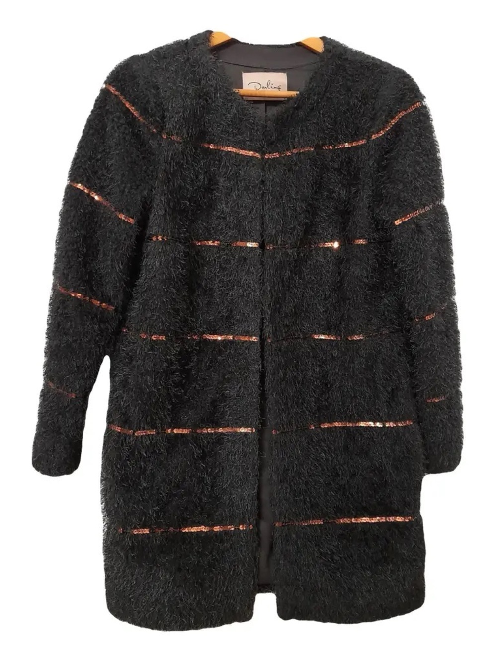Darling Black Teddy Coat with Copper Sequin Stripes